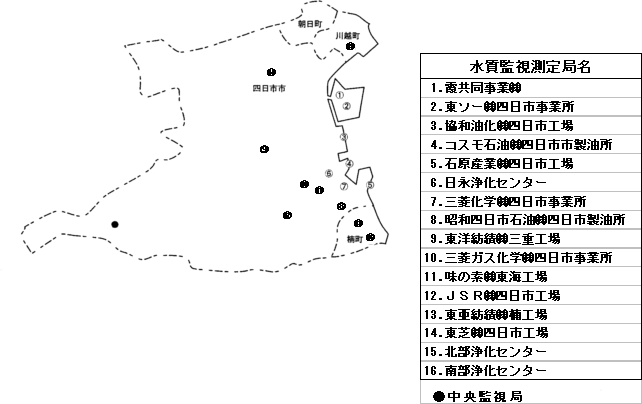 水質監視測定局設置図（四日市地域）