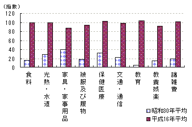 全国の住居を除く10大指数。左が昭和30年、右は平成16年