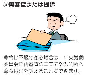 ５．再審査または提訴　命令に不服のある場合、中労委に再審査申立てや裁判所に命令取消を訴えることができます。