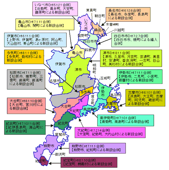 三重県の市町村合併状況図（平成１１年度～）