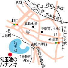 外宮勾玉池のハナノキ周辺地図