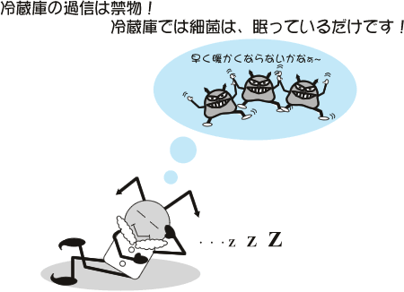 冷蔵庫の中で細菌が眠っているイラスト