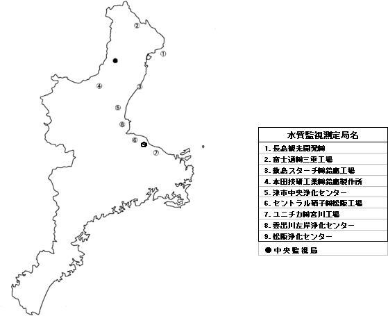 水質監視測定局設置図（四日市地域を除く）