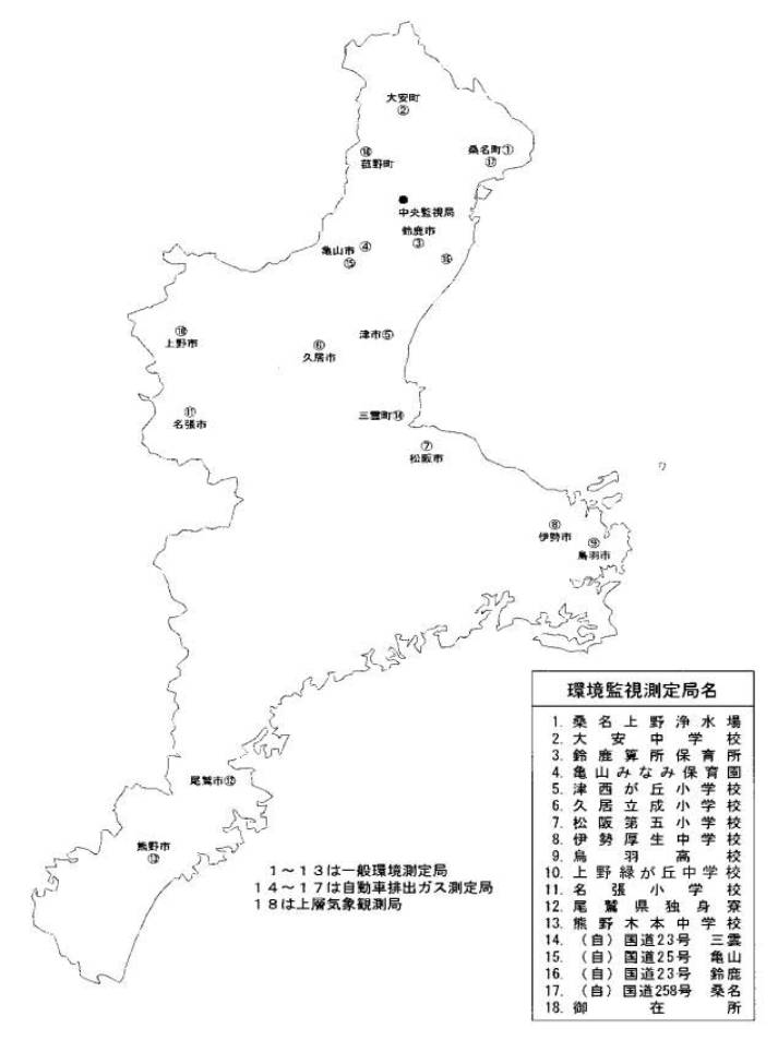 大気環境監視測定局設置図（平成16年3月31日現在）　（四日市市地域を除く）