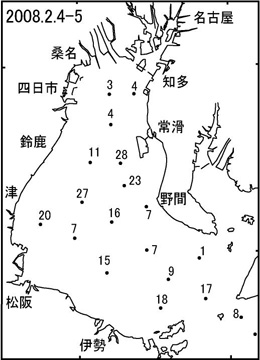 ボンゴネットによるイカナゴ仔魚採集量（2月4日～5日）