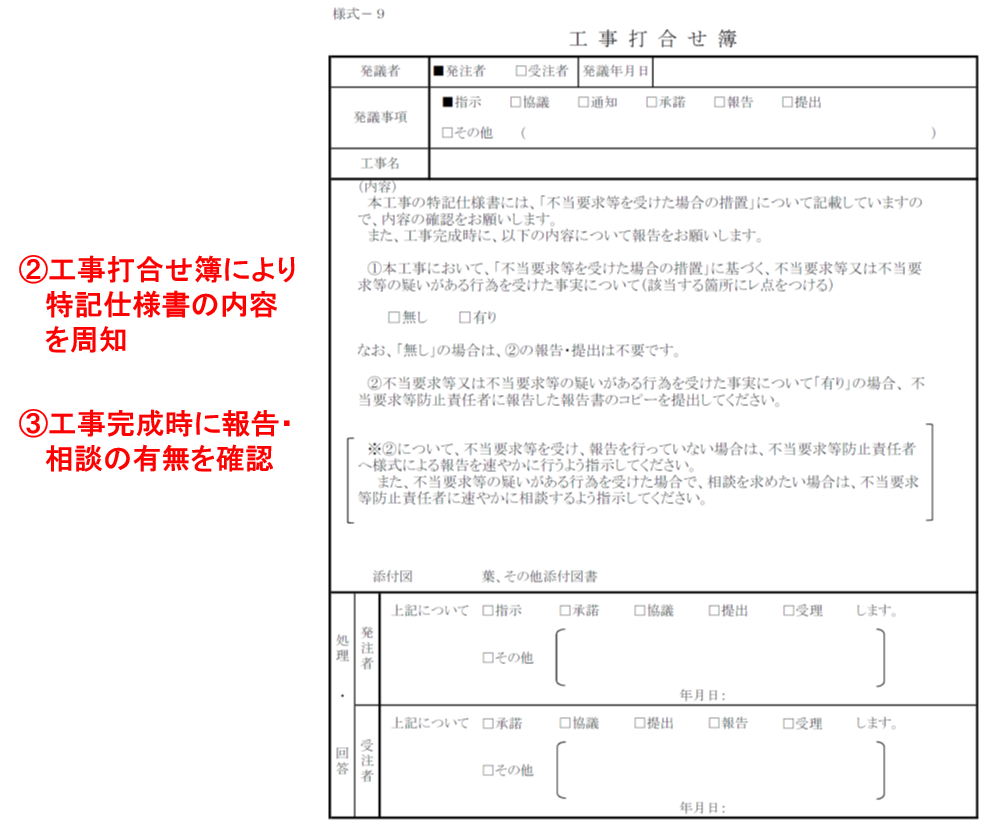 工事打合せ簿により特記仕様書の内容を周知