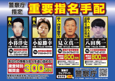 重要指名手配被疑者、11名の顔写真、こぐれひろし　殺人、おばらかつゆき　殺人、みたてしんいち　殺人・凶器準備集合、はったよいち、殺人・殺人未遂・道路交通法違反、りんしょうい　強盗殺人、よしやつよし　殺人、り　かい　強盗傷人、みやうちゆうだい　強盗致傷、ひしかわたつみ　殺人・銃刀法違反、またよしたけお　殺人、おちきよし　殺人