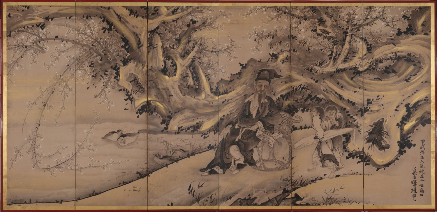 紙本墨画淡彩林和靖図屏風　曽我蕭白筆