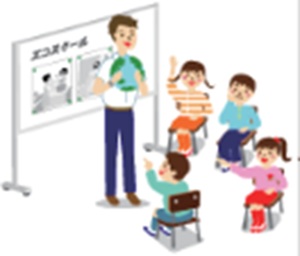 先生が生徒に地球温暖化対策について授業をしているイラスト