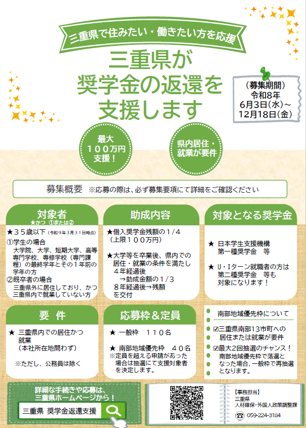 三重県｜総合計画等：三重県地域と若者の未来を拓く学生奨学金返還支援事業