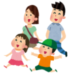 イラスト:お出かけ家族(父母と子供たち男女)